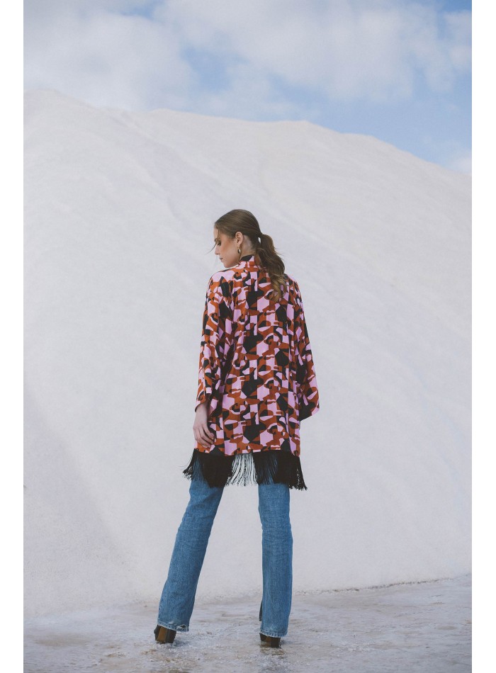Printed kimono with long sleeves and bangs detail