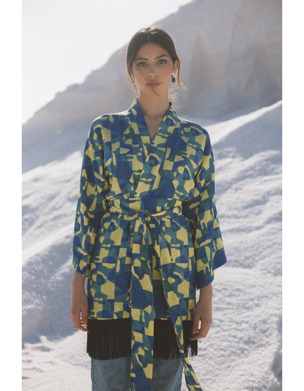 Printed kimono with lacing