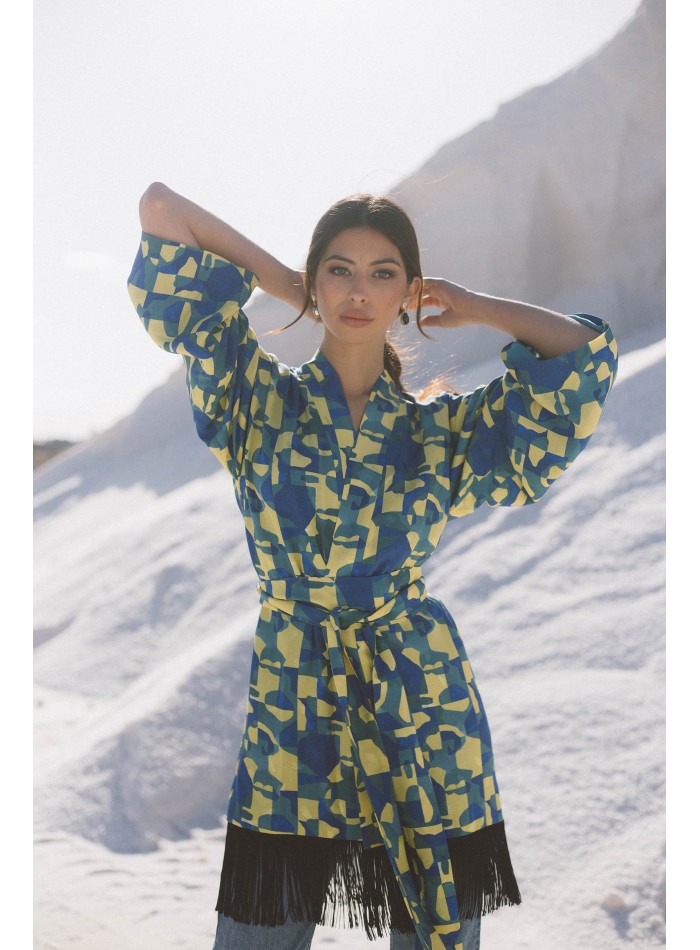 Printed kimono with lacing