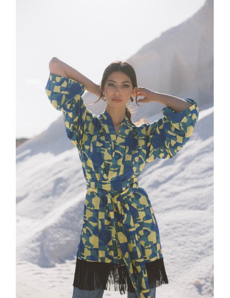 Printed kimono with lacing