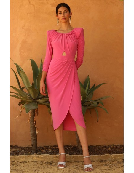 Midi guest dress with long sleeves and cut-out at the waist