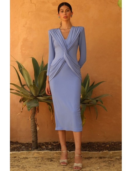 Vestido de fiesta midi con escote en V y detalle cruzado en el pecho