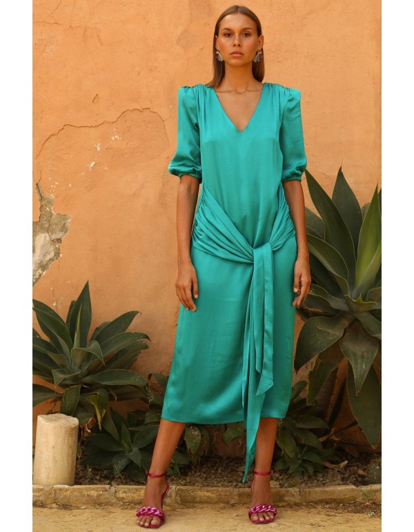 Vestido de fiesta midi satinado con lazada en la cintura