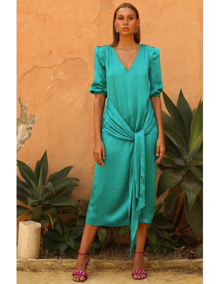 Satin midi party dress with bow at the waist