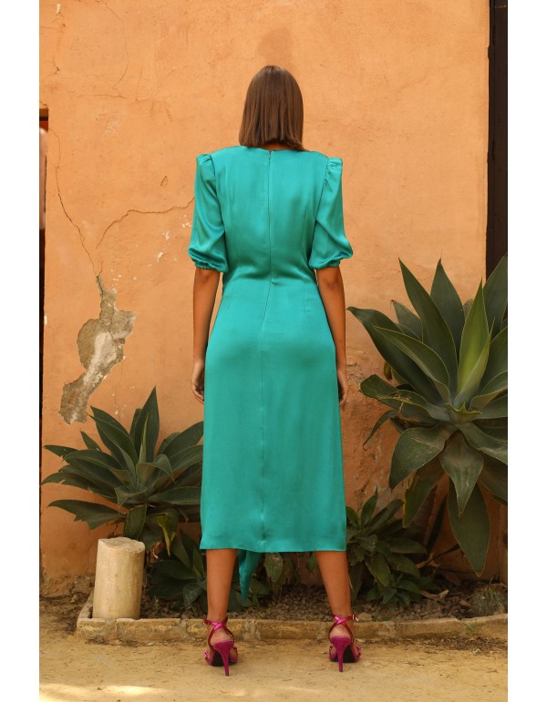Vestido de fiesta midi satinado con lazada en la cintura 2