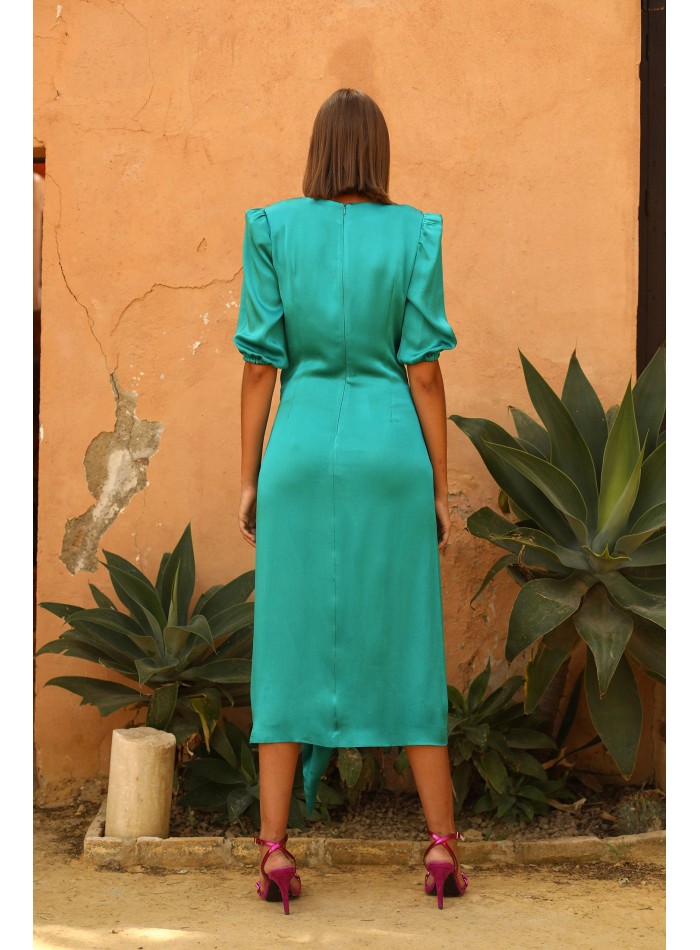 Satin midi party dress with bow at the waist