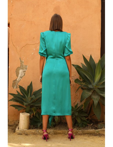 Vestido de fiesta midi satinado con lazada en la cintura