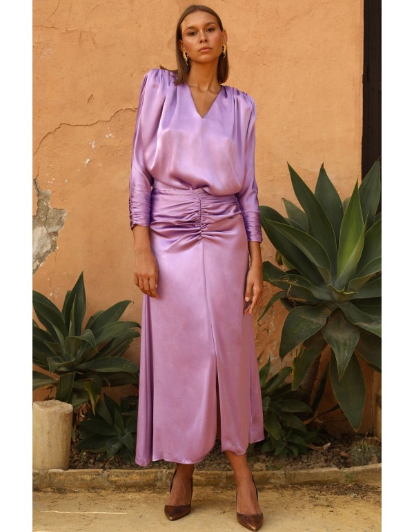 Midi party dress with deep shoulders and gathers at the...