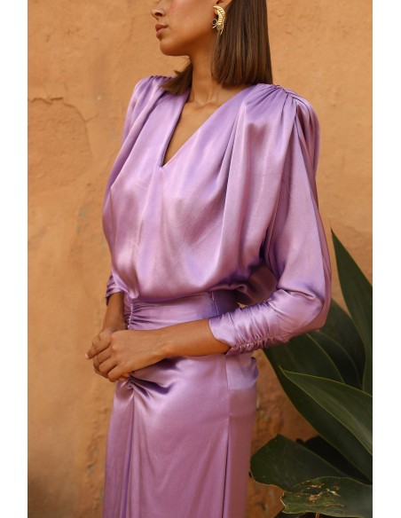 Midi party dress with deep shoulders and gathers at the waist