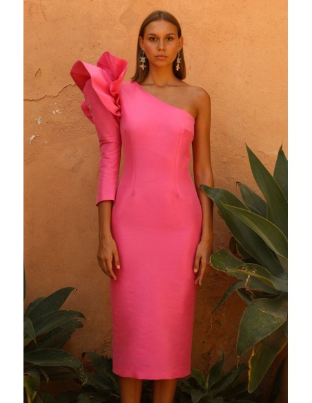Vestido de fiesta midi con escote asimétrico y manga volante