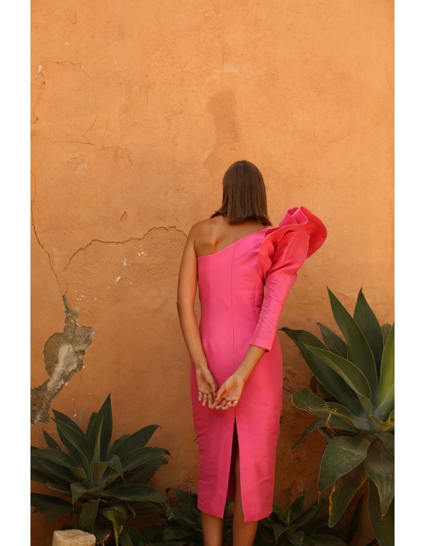 Midi party dress with asymmetrical neckline and flounce sleeves 2