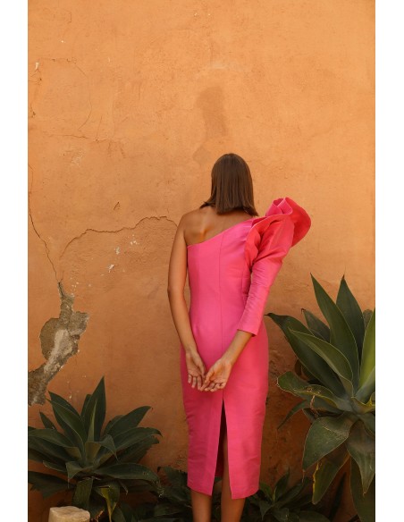 Midi party dress with asymmetrical neckline and flounce sleeves