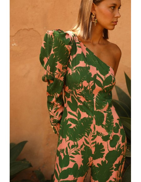 Mono de fiesta estampado de flores con manga asimétrica abullonada