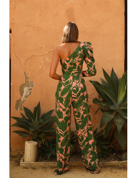 Flower printed party jumpsuit with asymmetrical puffed sleeves