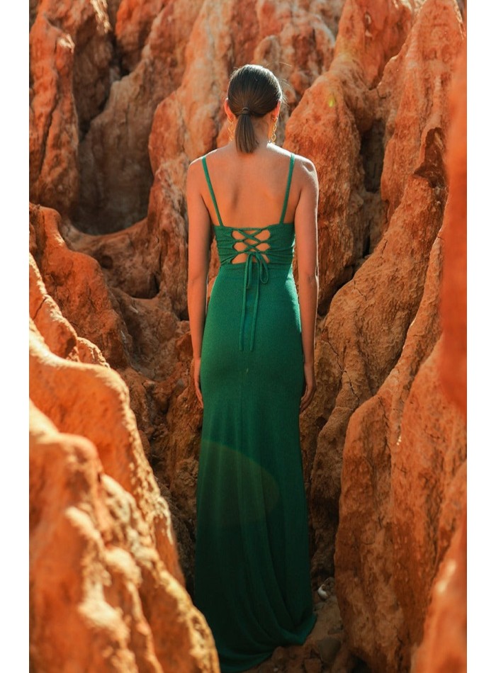 Long narrow party dress with cut-out cut and drape