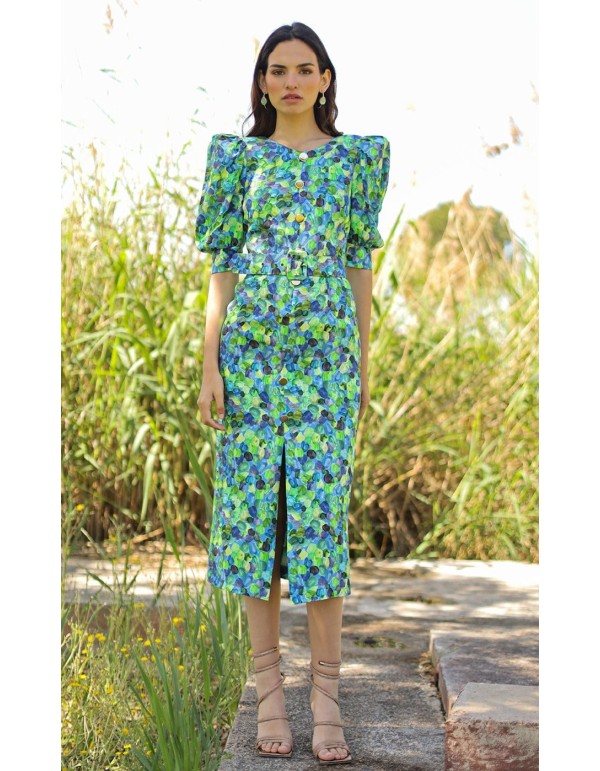 Vestido midi de fiesta estampado con escote redondo y mangas abullonadas