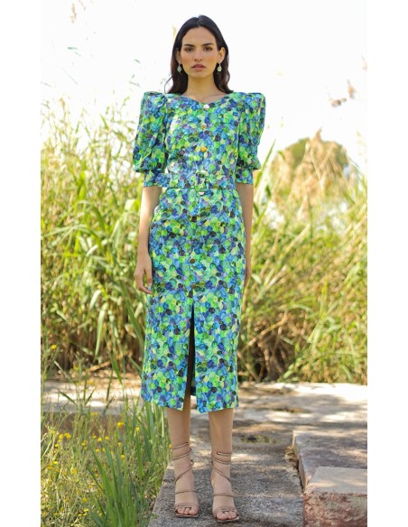 Vestido midi de fiesta estampado con escote redondo y mangas abullonadas