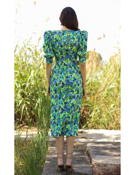 Robe de soirée midi imprimée à encolure ronde et manches bouffantes
