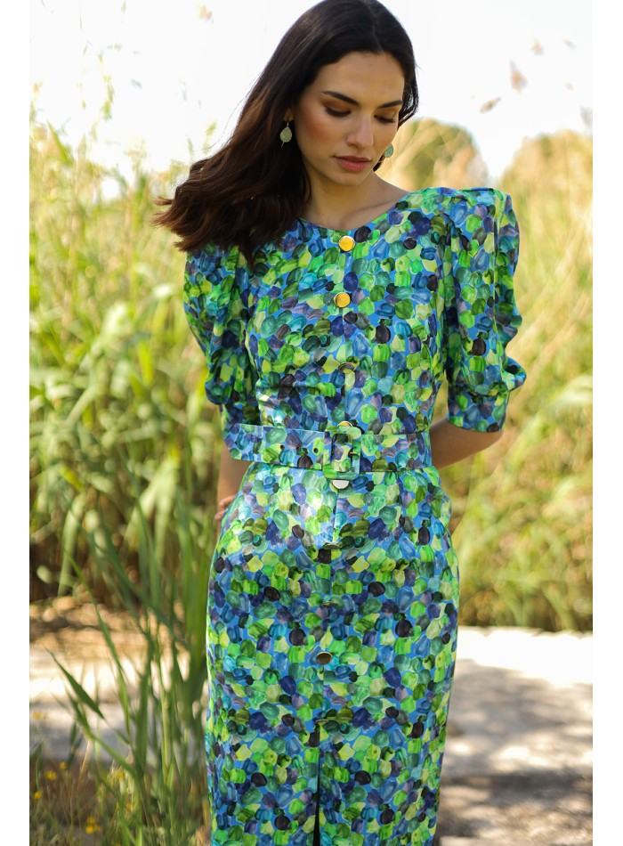Printed midi party dress with round neckline...