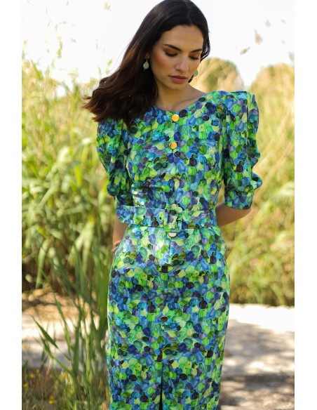 Robe de soirée midi imprimée à encolure ronde et manches bouffantes