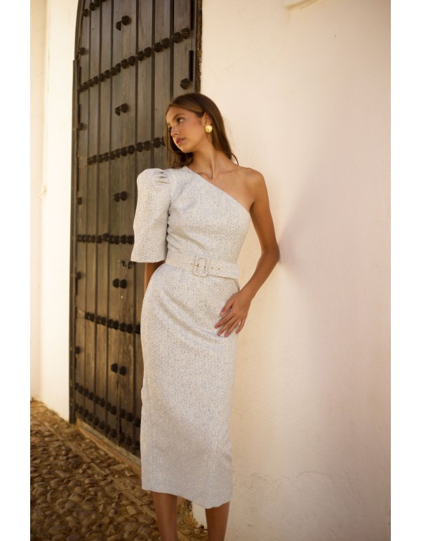 Vestido de fiesta midi con escote asimétrico con manga abullonada y corte recto