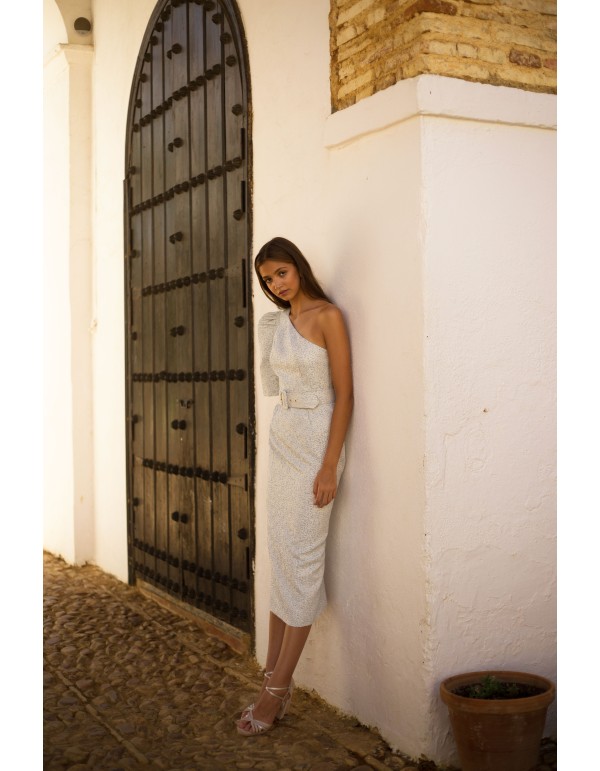 Vestido de fiesta midi con escote asimétrico con manga abullonada y corte recto 2