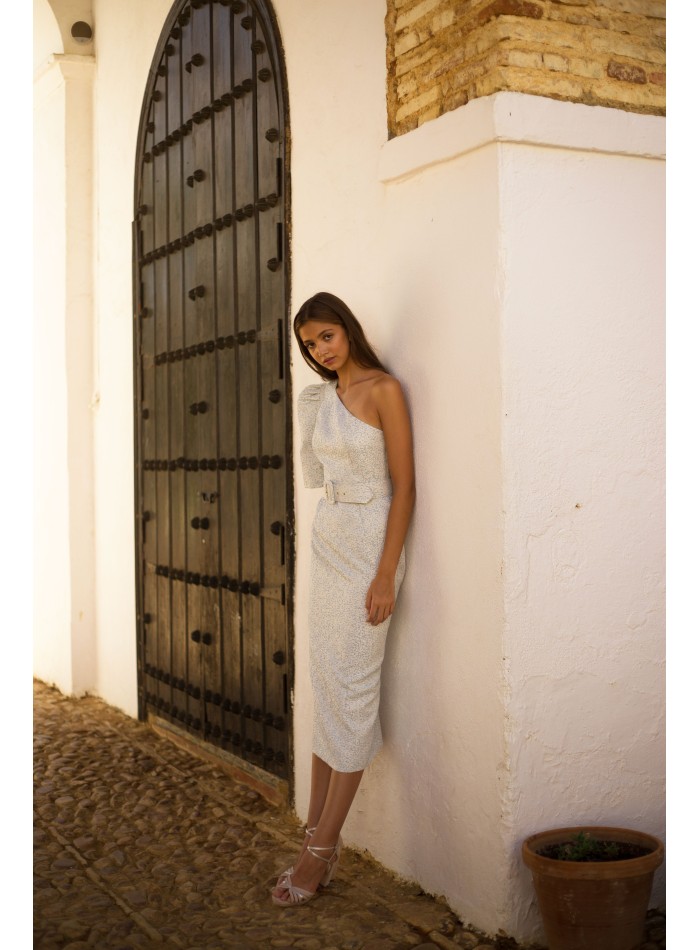 Midi party dress with asymmetrical neckline...