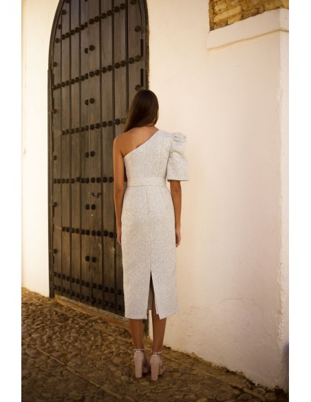 Vestido de fiesta midi con escote asimétrico con manga abullonada y corte recto