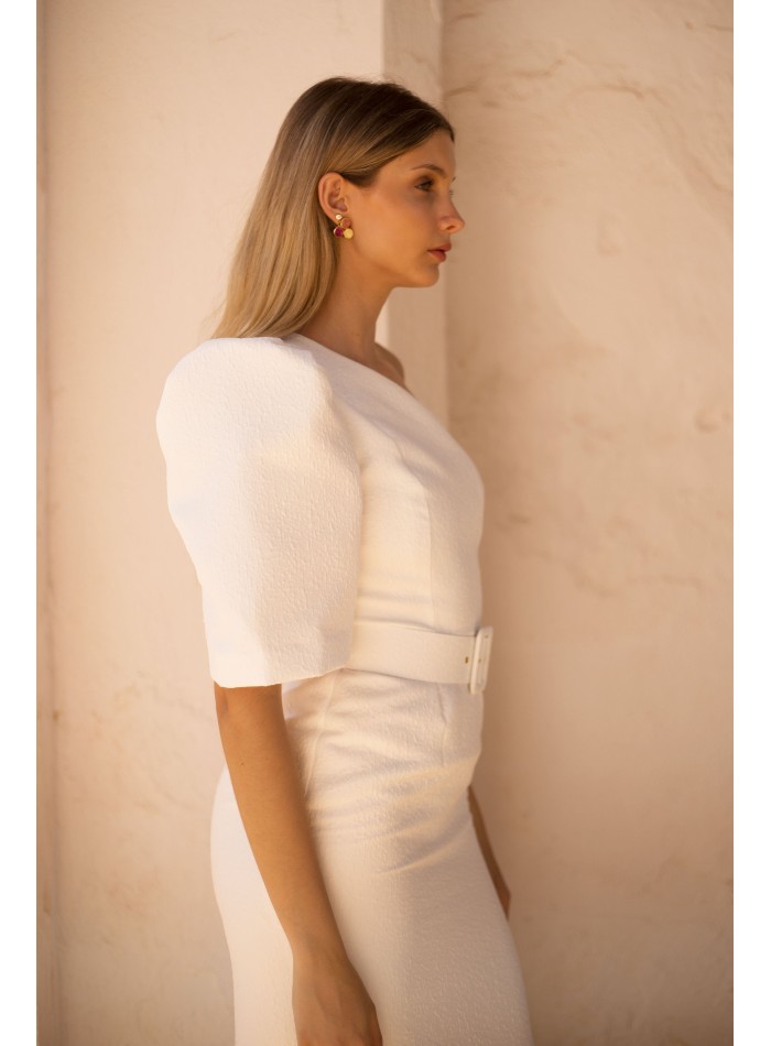 Midi dress with asymmetrical neckline and cut...