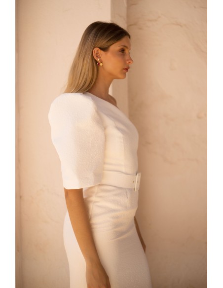 Midi dress with asymmetrical neckline and cut to the waist