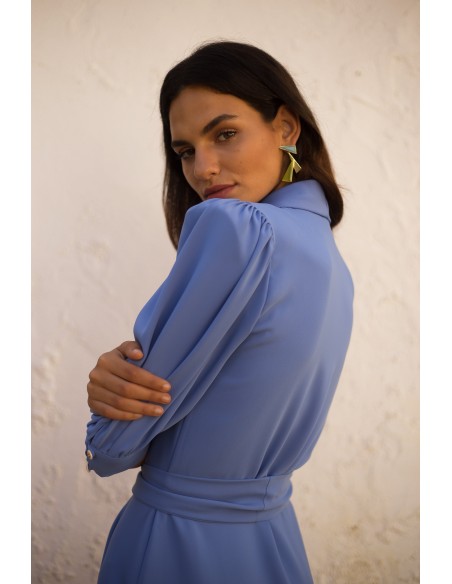 Vestido de fiesta midi con manga abullonada y escote cruzado