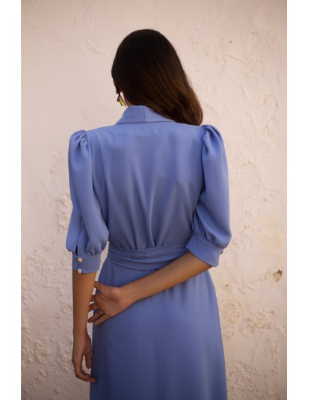 Midi party dress with puffed sleeves and crossover neckline