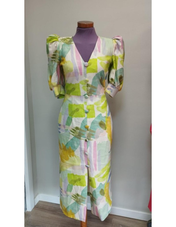 Vestido de fiesta midi estampado con mangas abullonadas y...