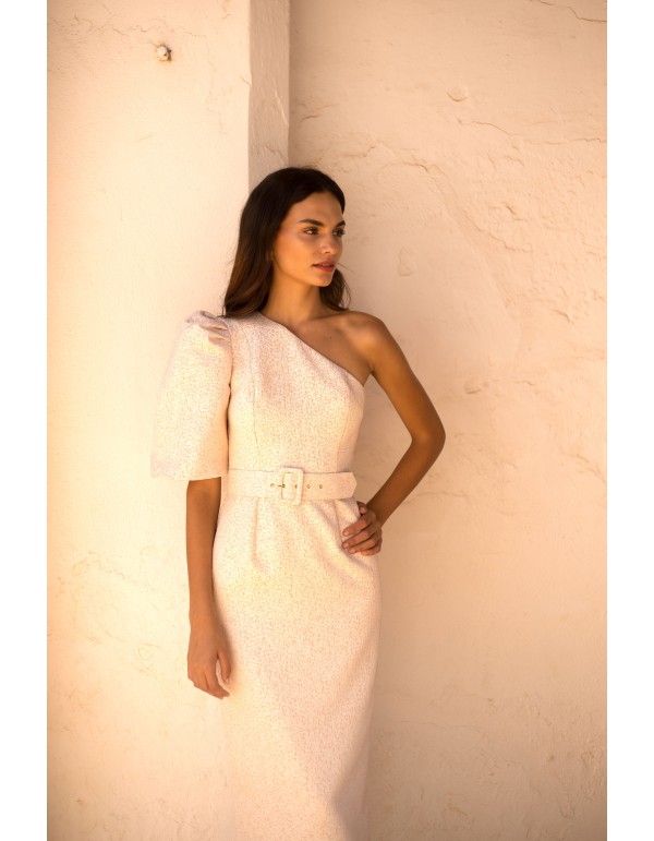 Midi party dress with asymmetrical neckline and puffed sleeves