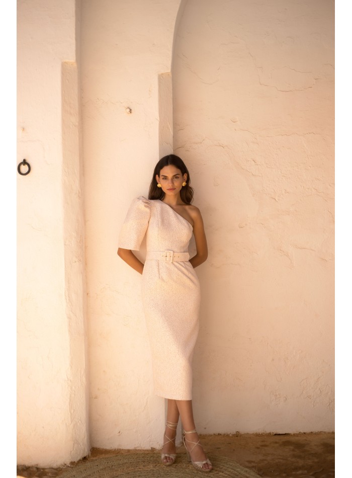Vestido de fiesta midi con escote asimétrico y...