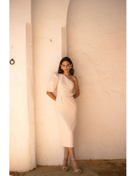 Vestido de fiesta midi con escote asimétrico y manga abullonada