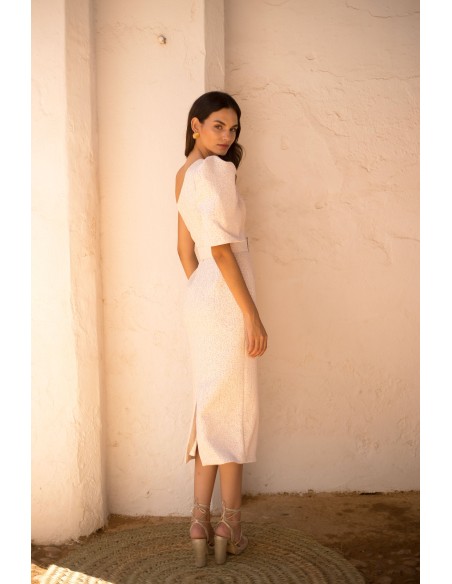 Midi party dress with asymmetrical neckline and puffed sleeves