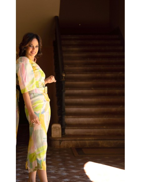 Vestido de fiesta midi estampado con escote asimétrico y manga abullonada