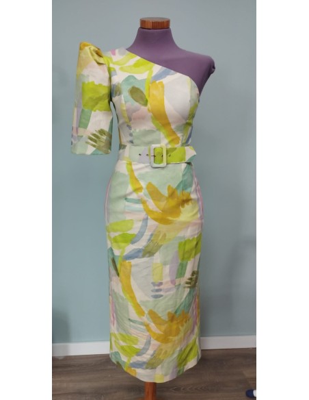 Vestido de fiesta midi estampado con manga escote asimétrico y manga abullonada