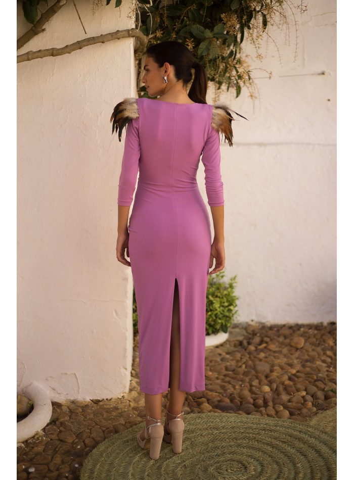 Midi dress with crossover neckline and feather...