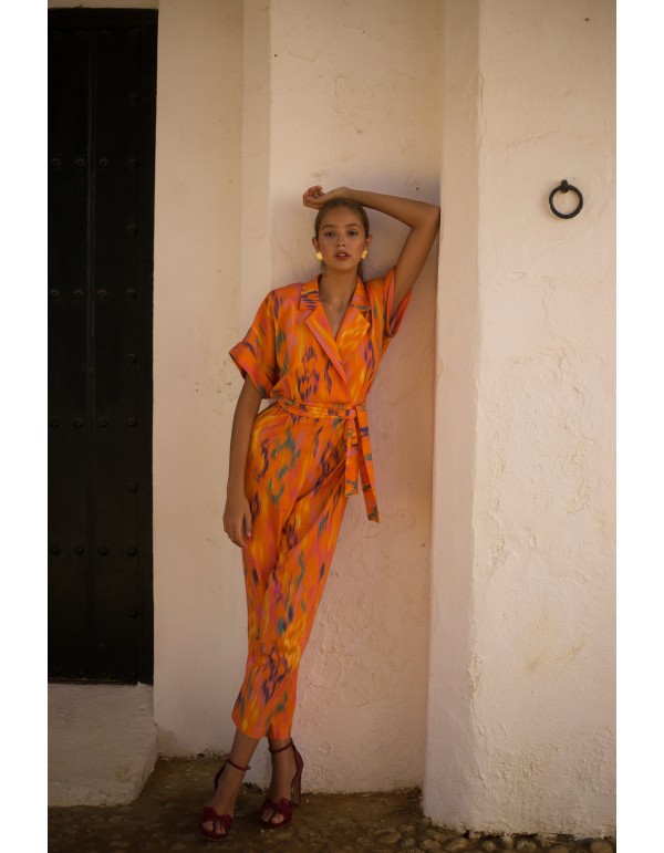 Printed party jumpsuit with raglan sleeves and tuxedo...