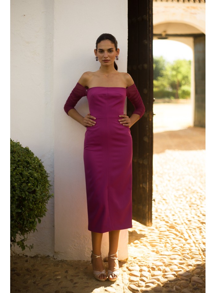 Vestido de fiesta vino escote bandeau y espalda...