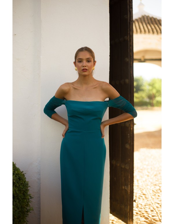 Vestido de fiesta midi con mangas de tul