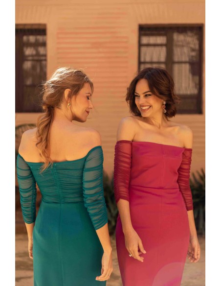 Robe de soirée midi avec manches en tulle