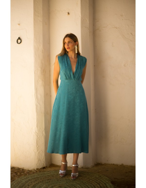 Vestido de fiesta midi en tejido jacquard con escote en V