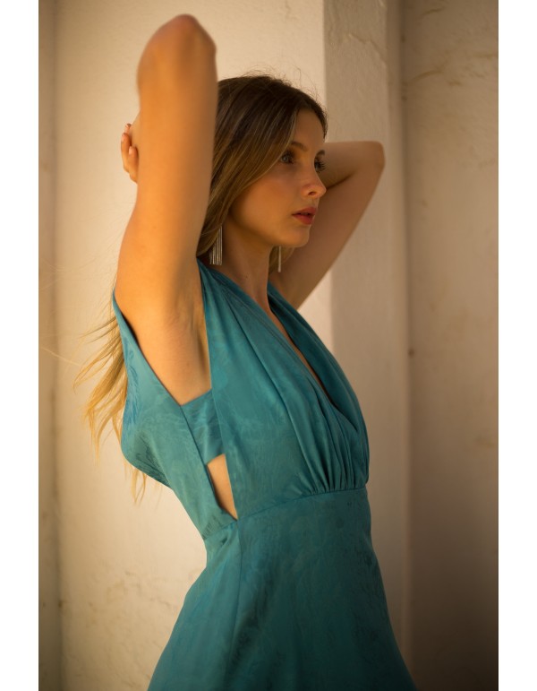 Vestido de fiesta midi en tejido jacquard con escote en V 2