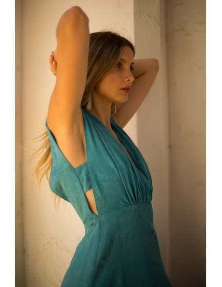 Vestido de fiesta midi en tejido jacquard con escote en V