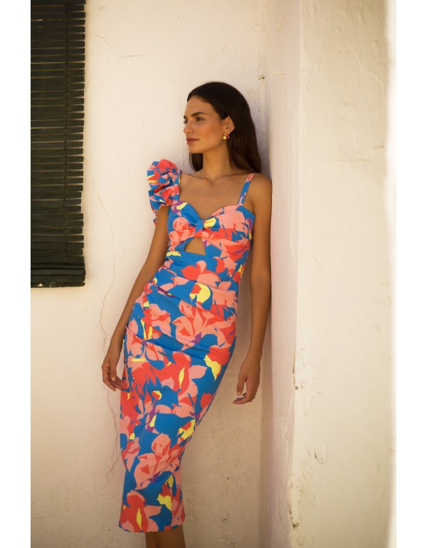 Vestido de fiesta midi estampado tropical con volante doble