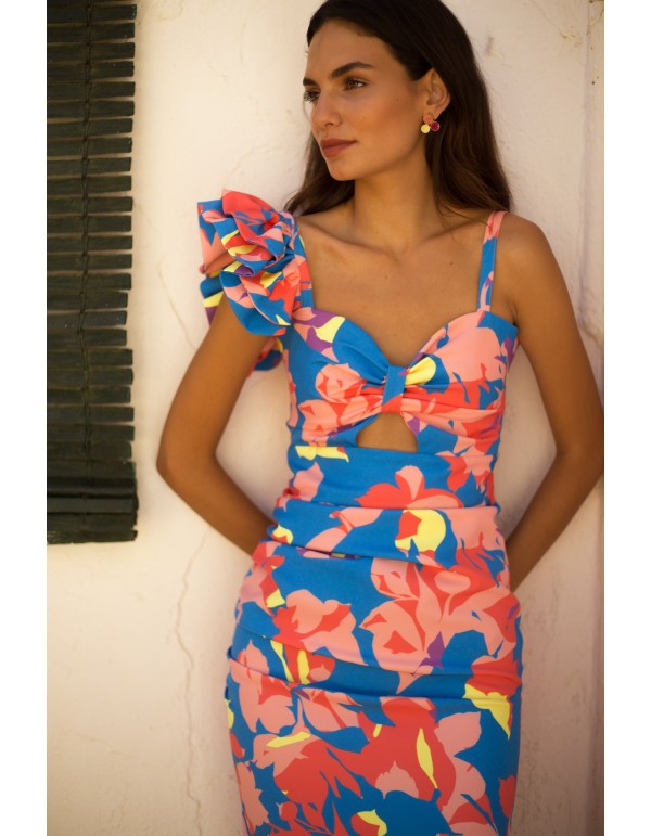 Vestido de fiesta midi estampado tropical con volante doble 2