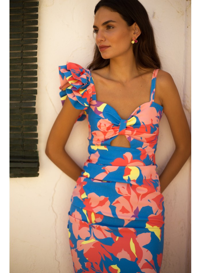 Robe de soirée midi à imprimé tropical avec...